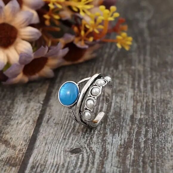 ✨🆕✨ BoHo Vintage Stacked Blue Gem Decor Silver Ring ✨ - Picture 4 of 12